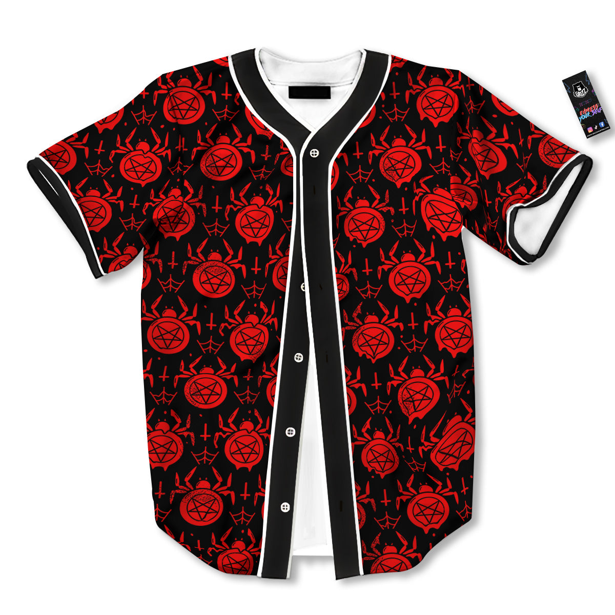Black Red Spider Pentagram Print Pattern Baseball Jersey-grizzshop