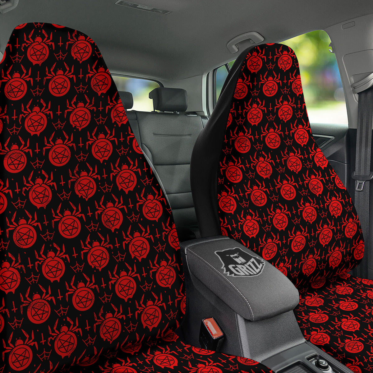 Black Red Spider Pentagram Print Pattern Car Seat Covers-grizzshop