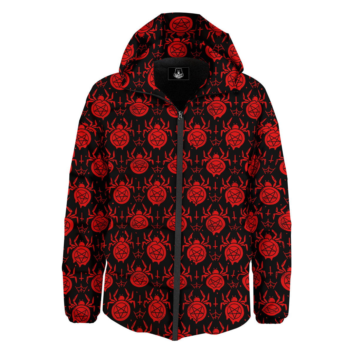 Black Red Spider Pentagram Print Pattern Down Jacket-grizzshop