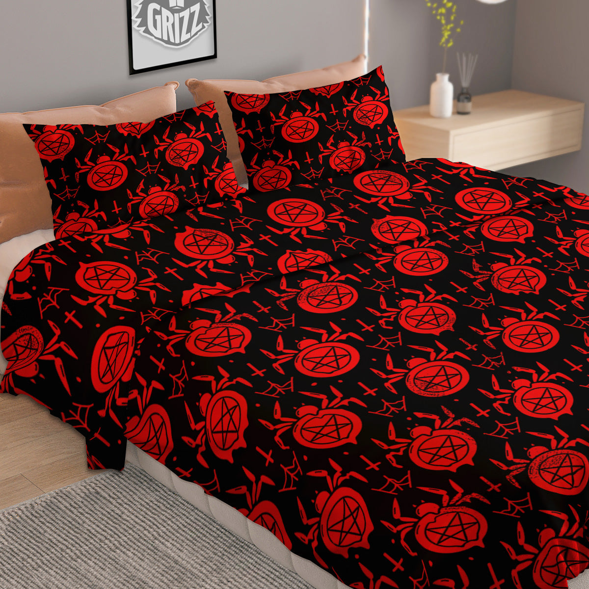 Black Red Spider Pentagram Print Pattern Duvet Cover Bedding Set
