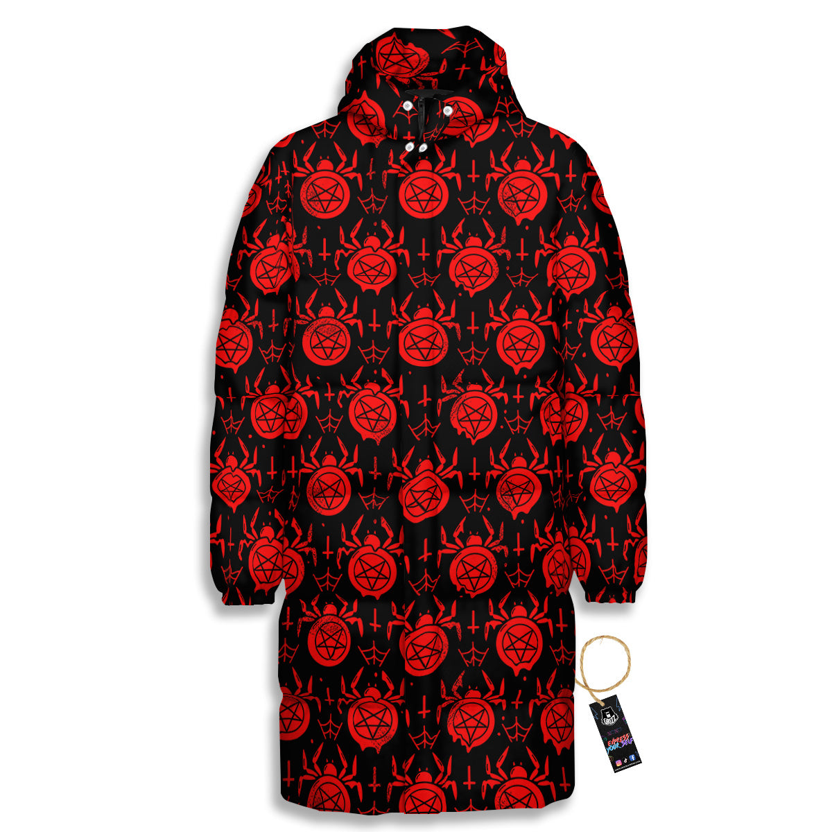 Black Red Spider Pentagram Print Pattern Long Down Jacket-grizzshop