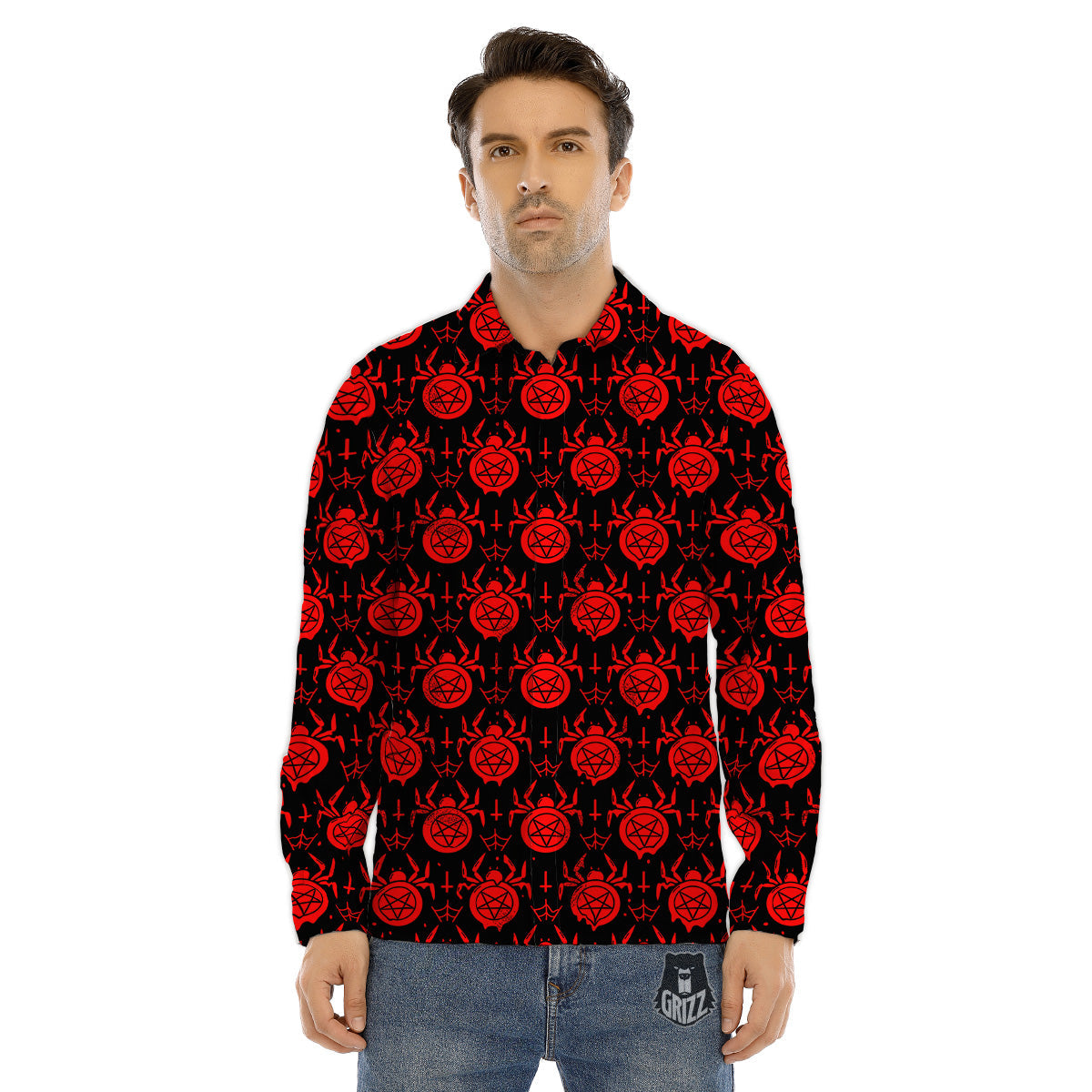 Black Red Spider Pentagram Print Pattern Men's Dress Shirts-grizzshop