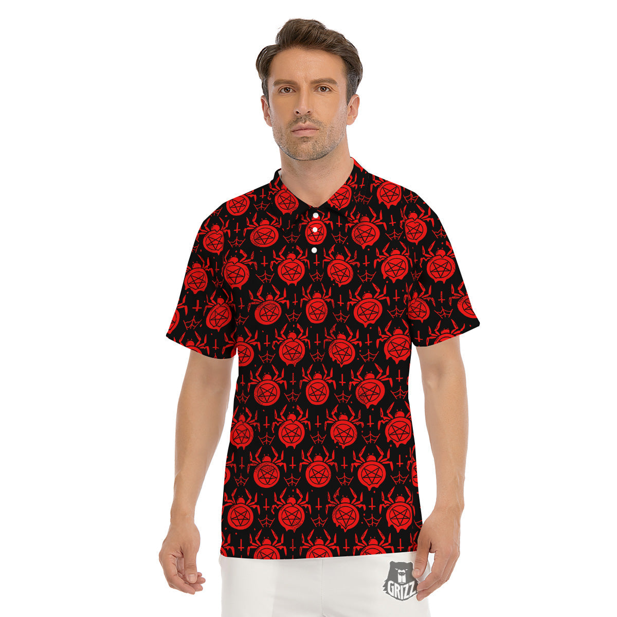 Black Red Spider Pentagram Print Pattern Men's Golf Shirts-grizzshop