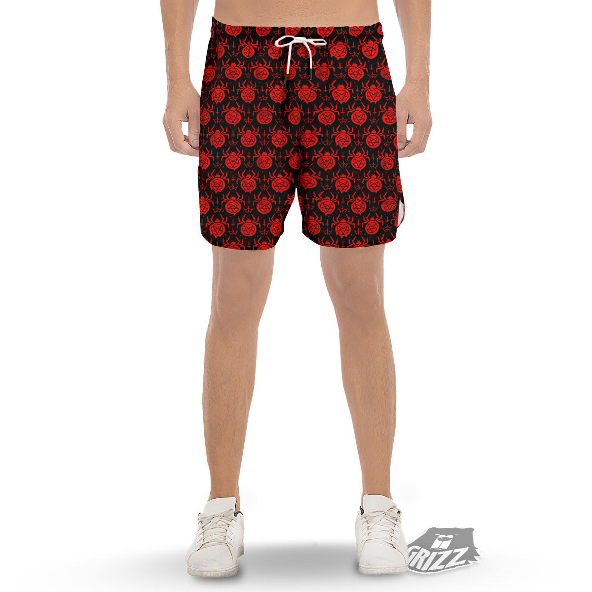 Black Red Spider Pentagram Print Pattern Men's Gym Shorts-grizzshop