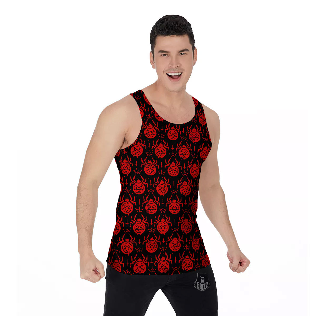 Black Red Spider Pentagram Print Pattern Men's Tank Top-grizzshop