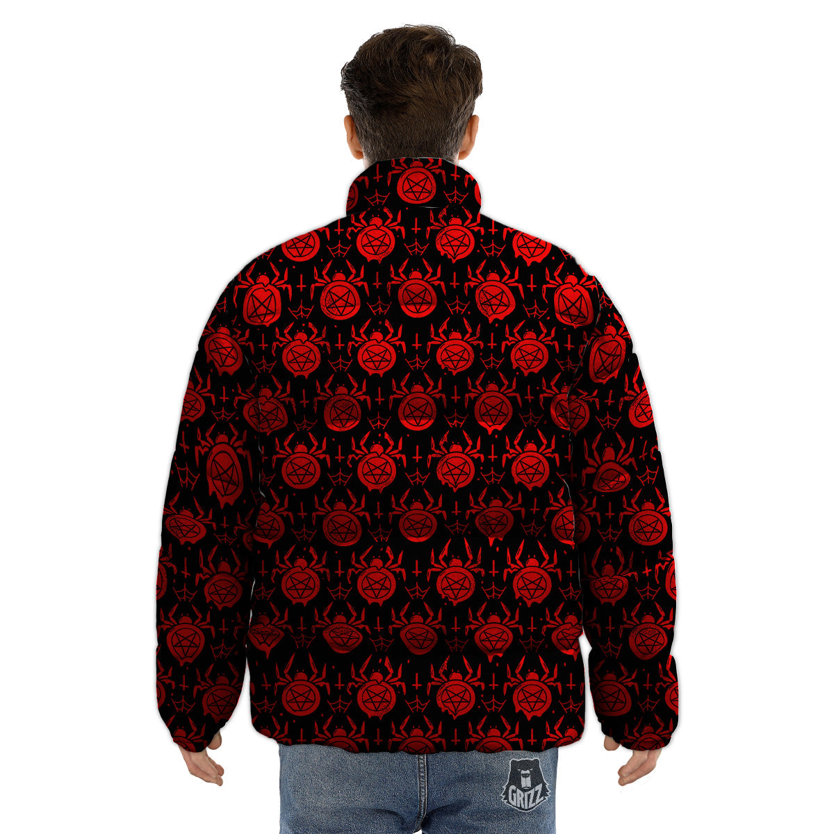 Black Red Spider Pentagram Print Pattern Puffer Jacket-grizzshop