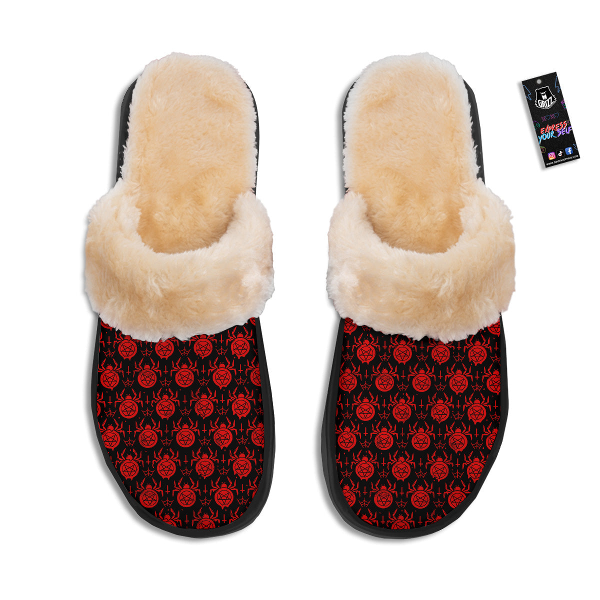 Black Red Spider Pentagram Print Pattern Slippers-grizzshop