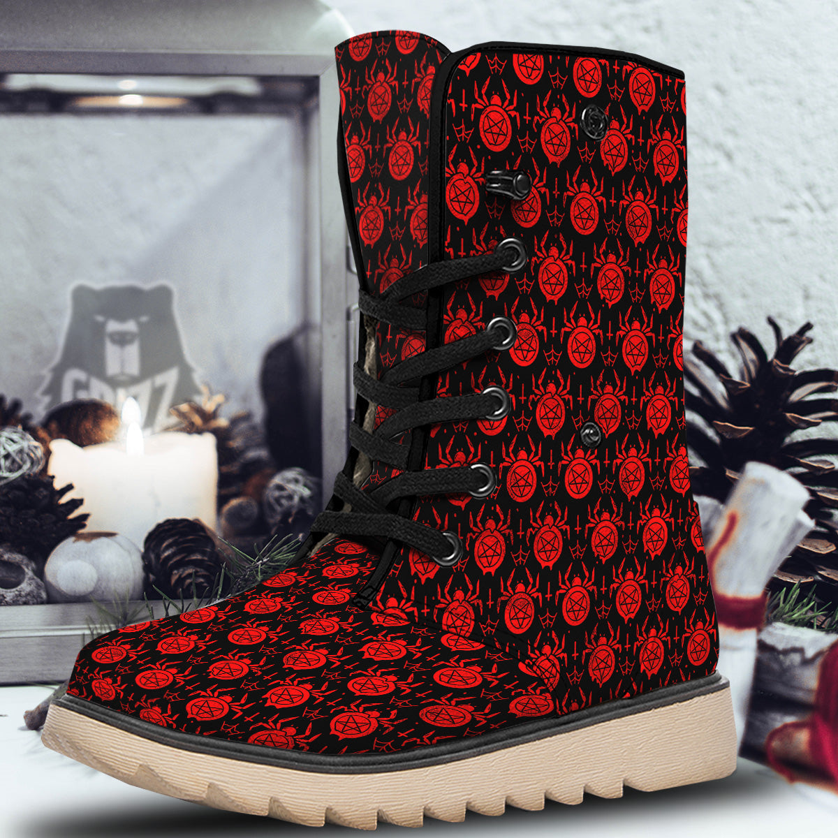 Black Red Spider Pentagram Print Pattern Snow Boots-grizzshop