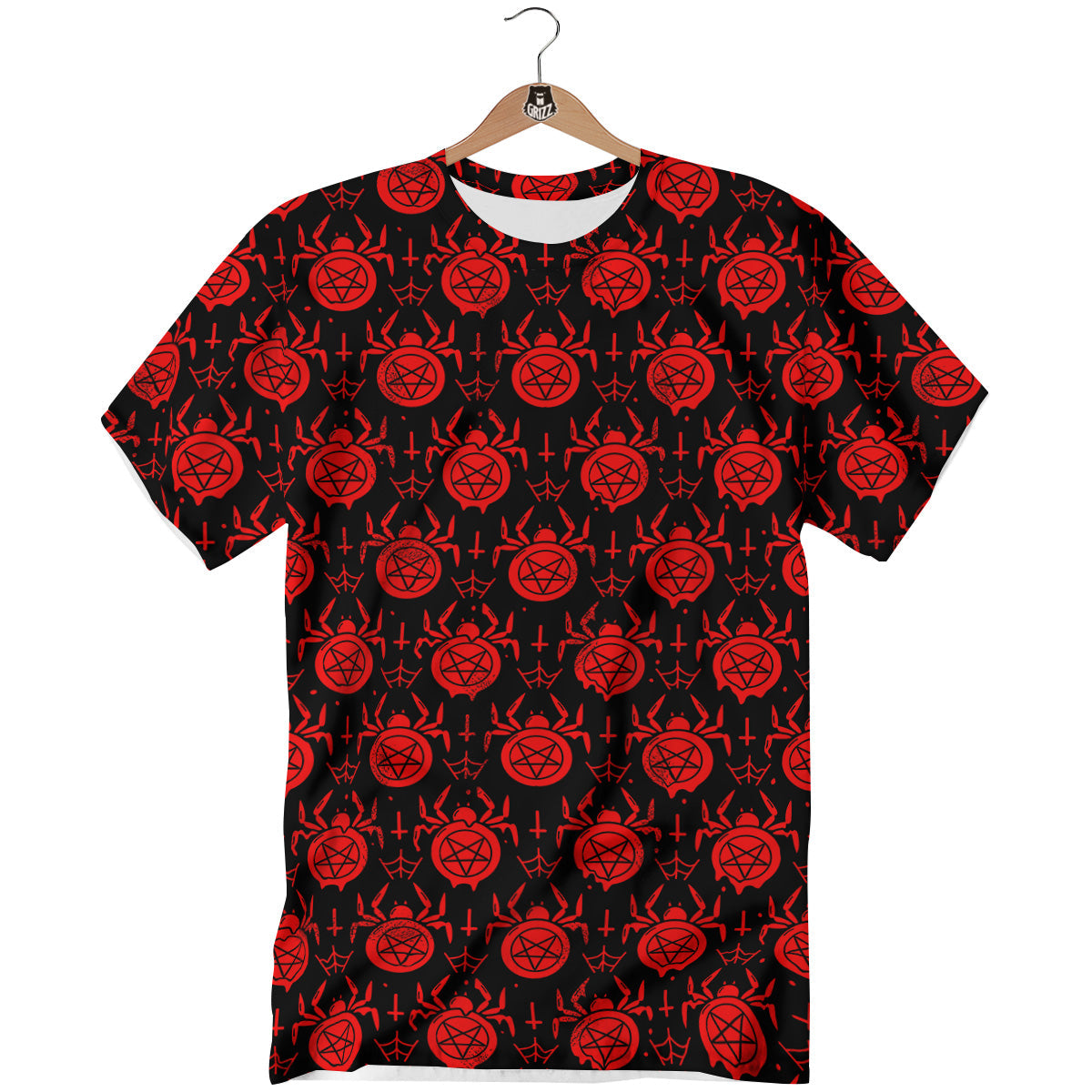 Black Red Spider Pentagram Print Pattern T-Shirt-grizzshop
