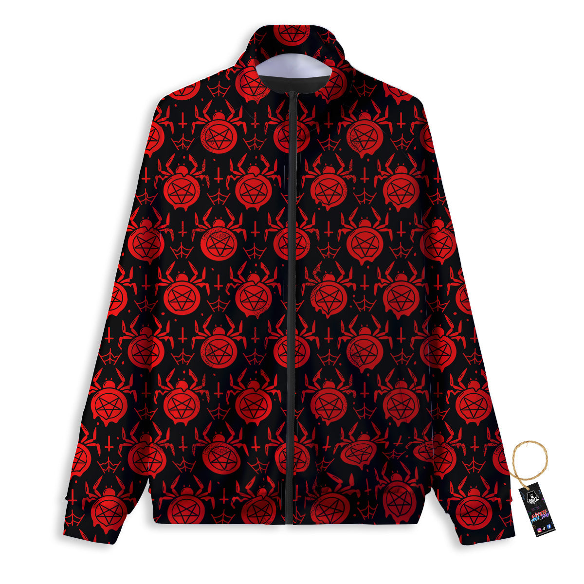 Black Red Spider Pentagram Print Pattern Track Jacket-grizzshop