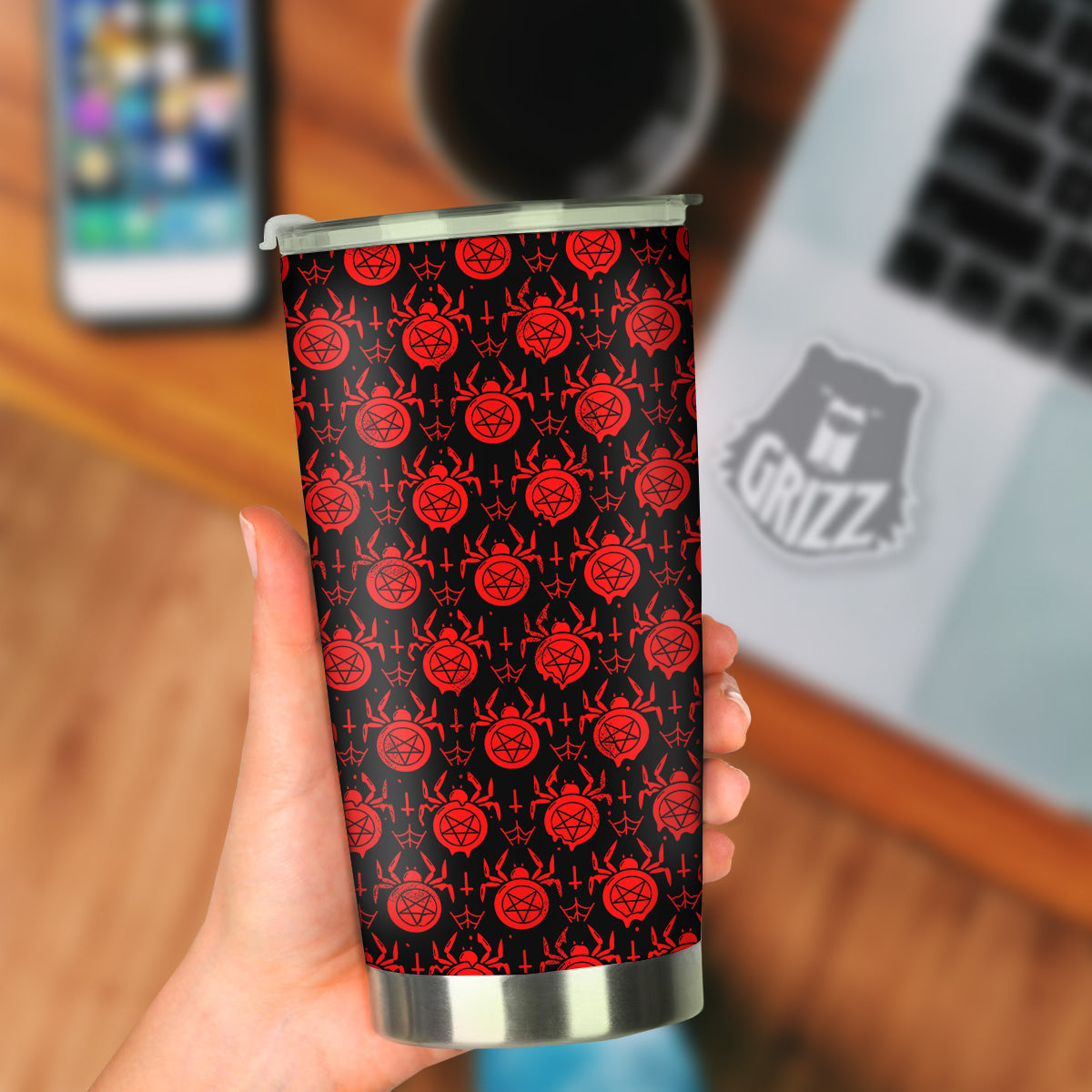 Black Red Spider Pentagram Print Pattern Tumbler-grizzshop