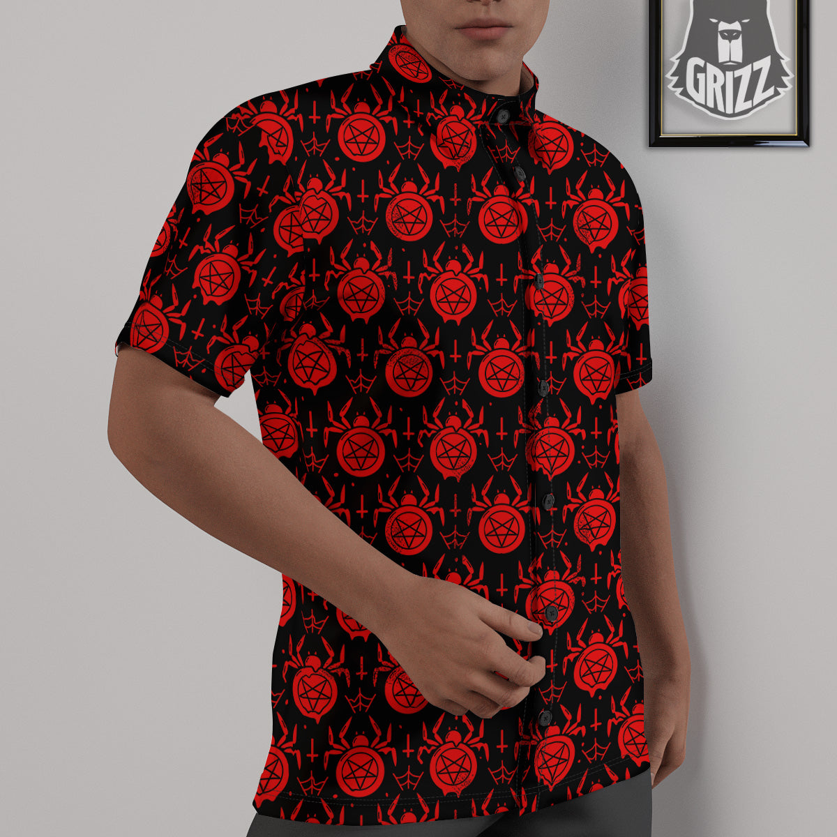Black Red Spider Pentagram Print Pattern Untucked Shirts-grizzshop