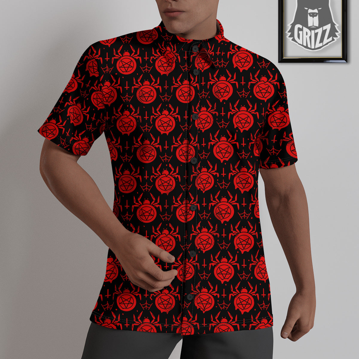 Black Red Spider Pentagram Print Pattern Untucked Shirts-grizzshop