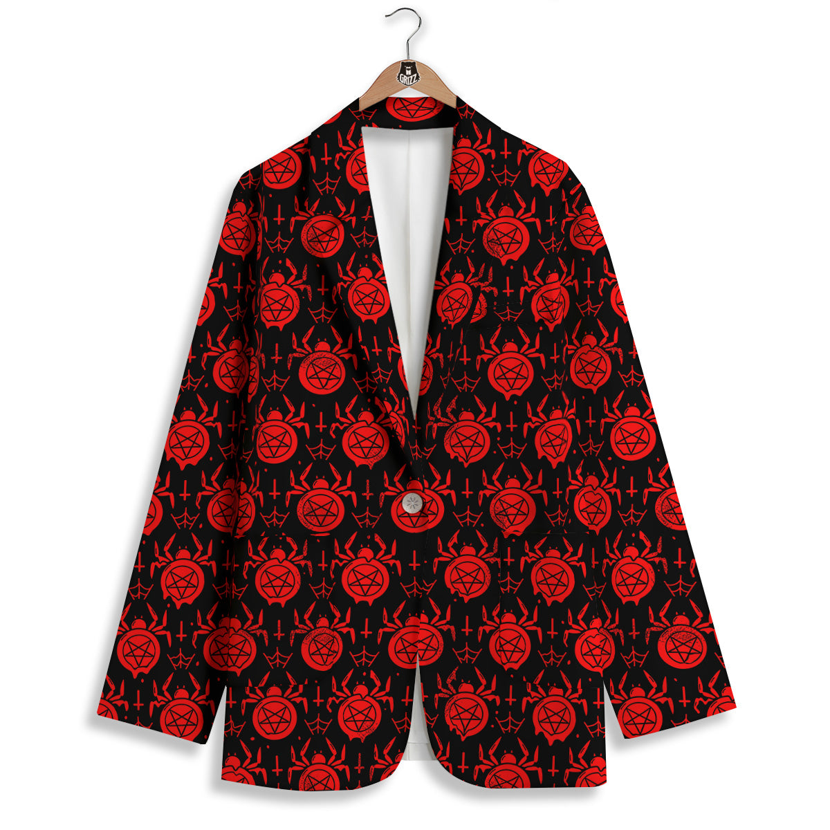 Black Red Spider Pentagram Print Pattern Women's Blazer-grizzshop
