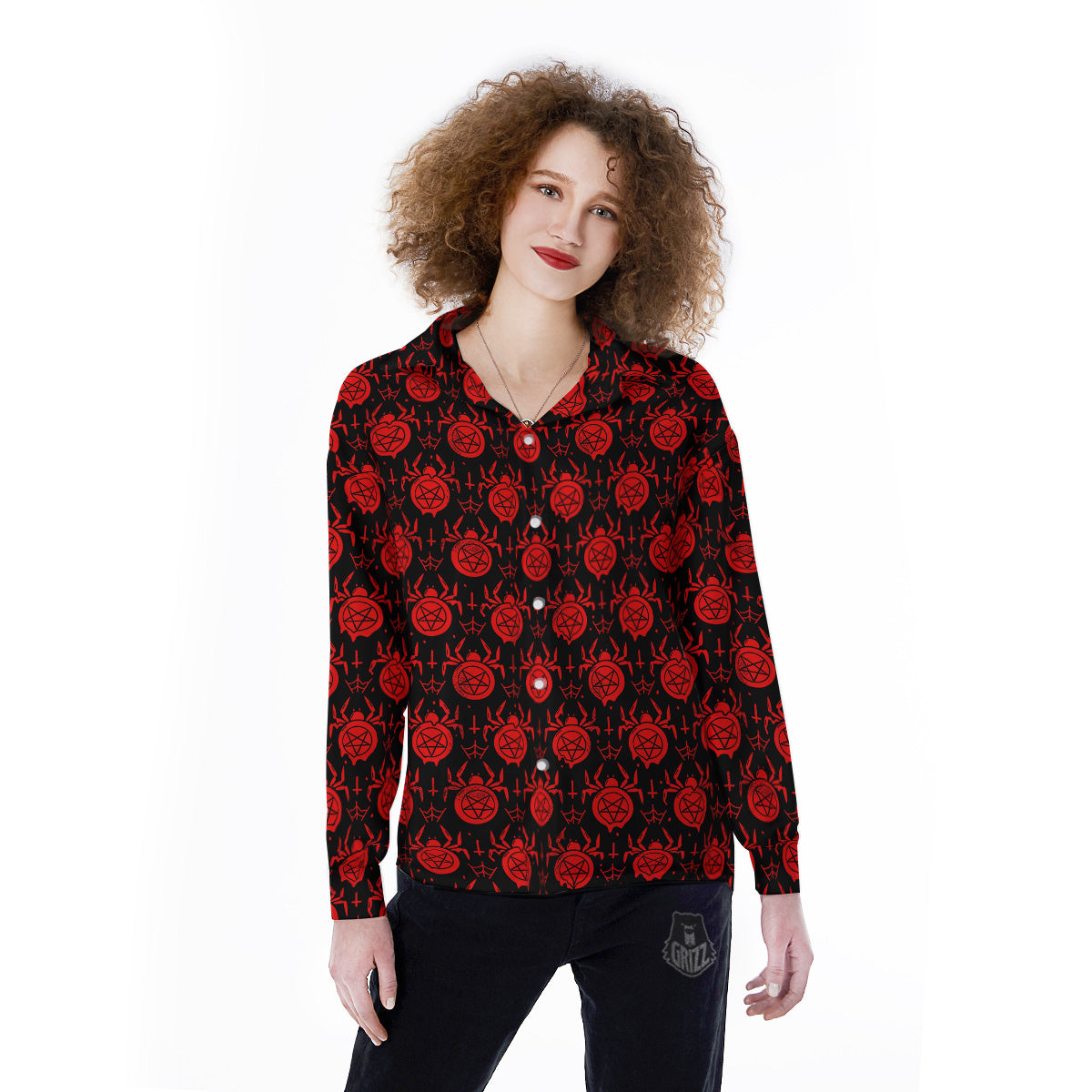 Black Red Spider Pentagram Print Pattern Women's Long Sleeve Shirts-grizzshop