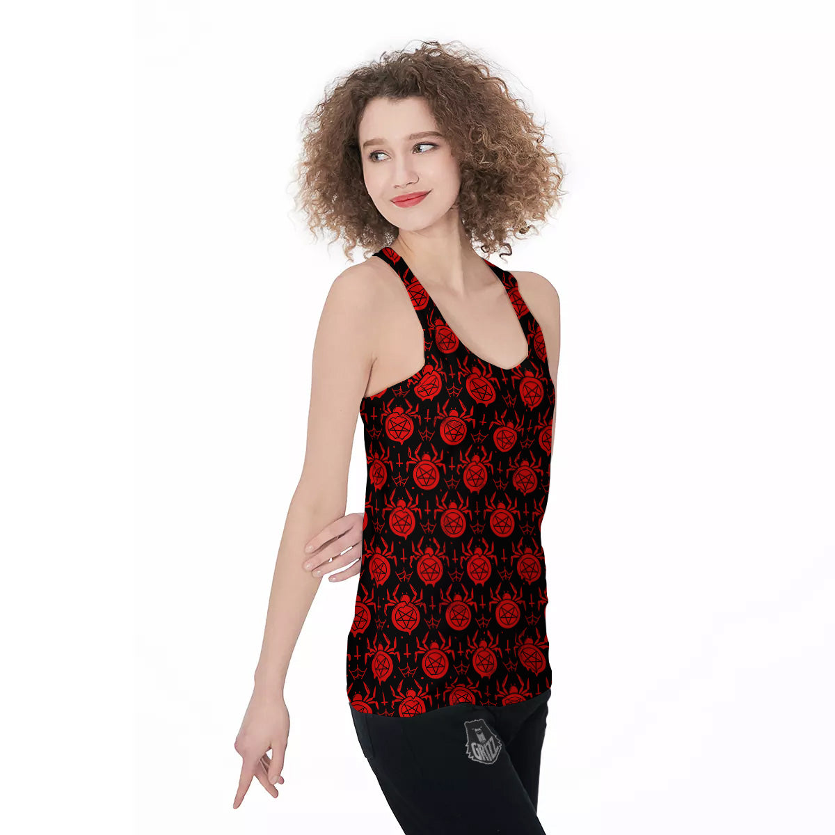Black Red Spider Pentagram Print Pattern Women's Racerback Tank Top-grizzshop