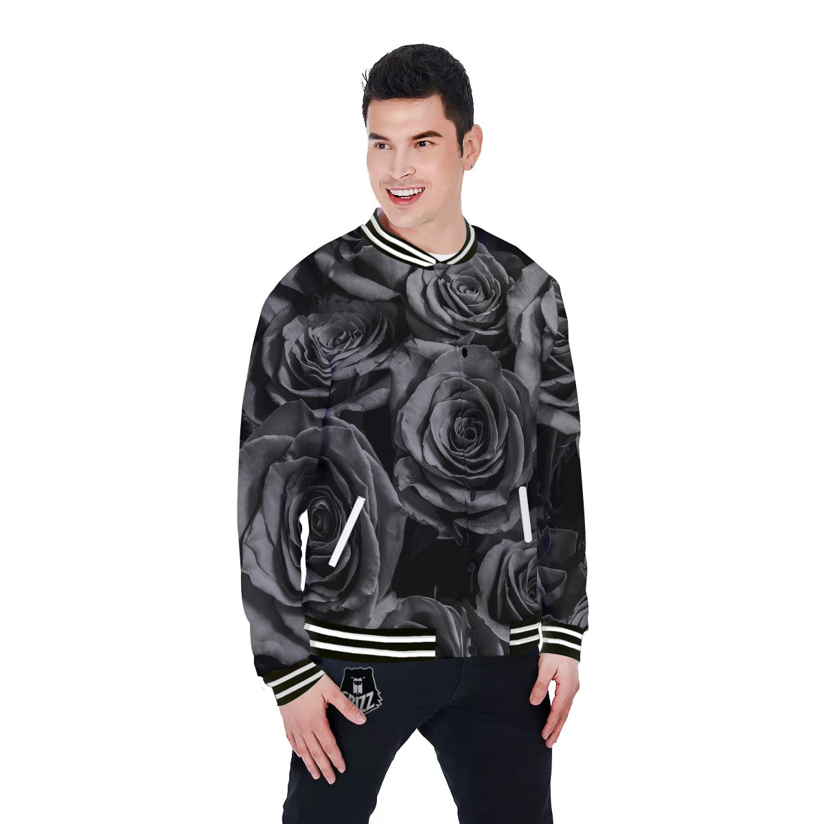 Black Rose Print Baseball Jacket-grizzshop