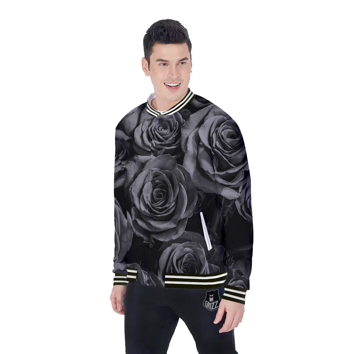 Black Rose Print Baseball Jacket-grizzshop
