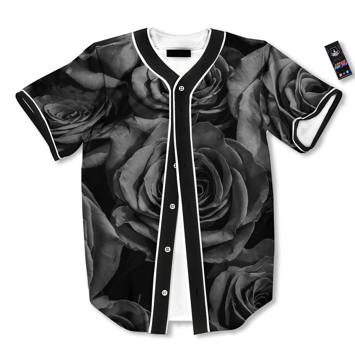 Black Rose Print Baseball Jersey-grizzshop