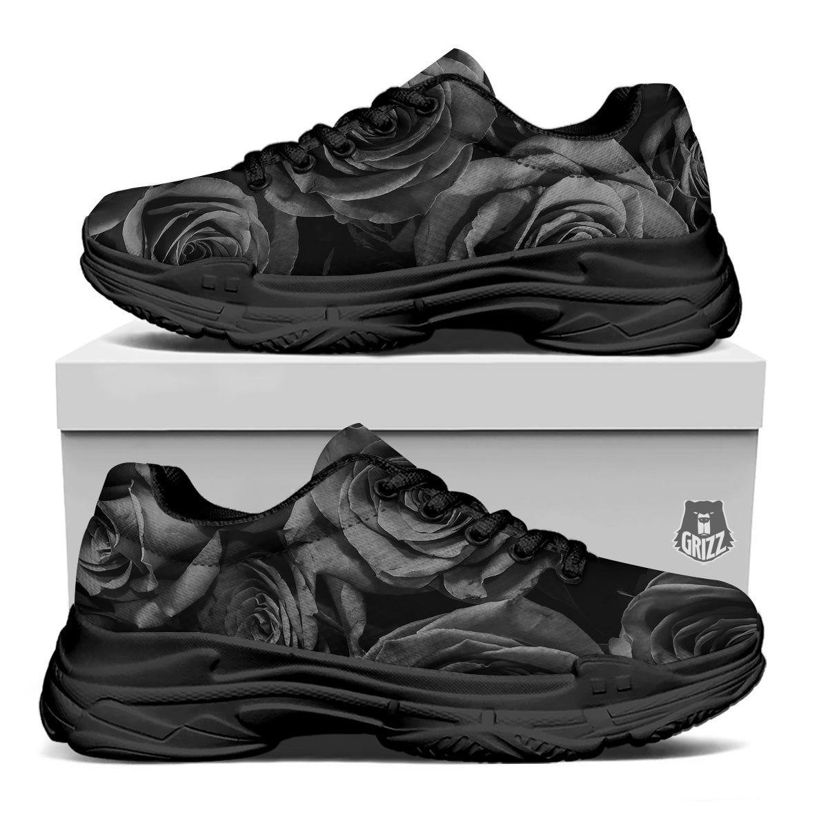 Black Rose Print Black Chunky Shoes-grizzshop