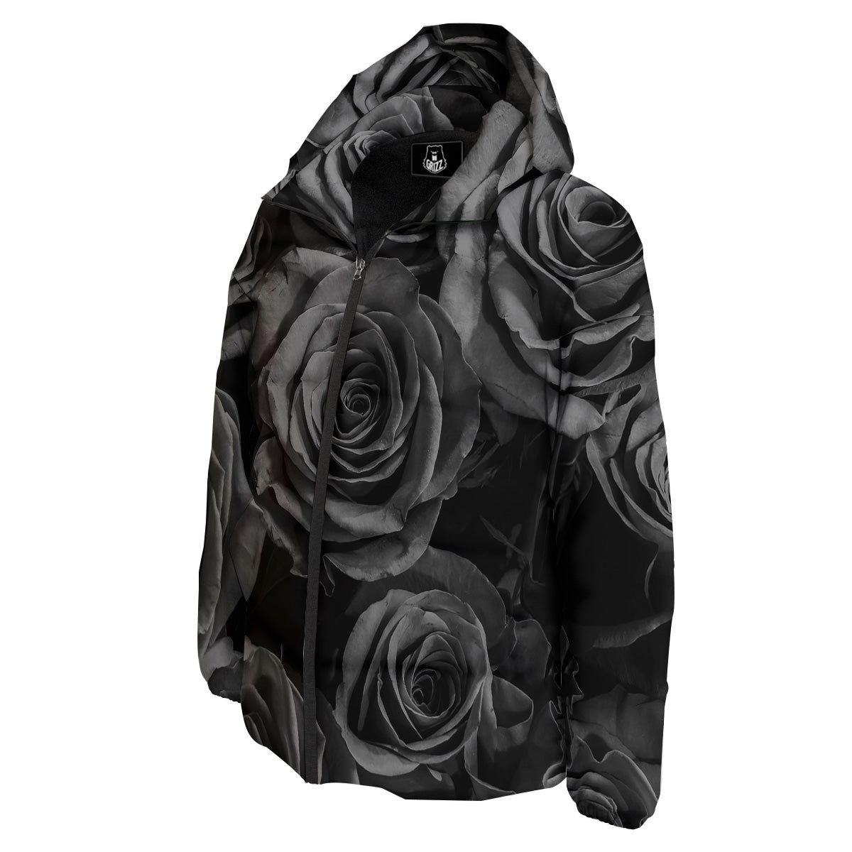 Black Rose Print Down Jacket-grizzshop