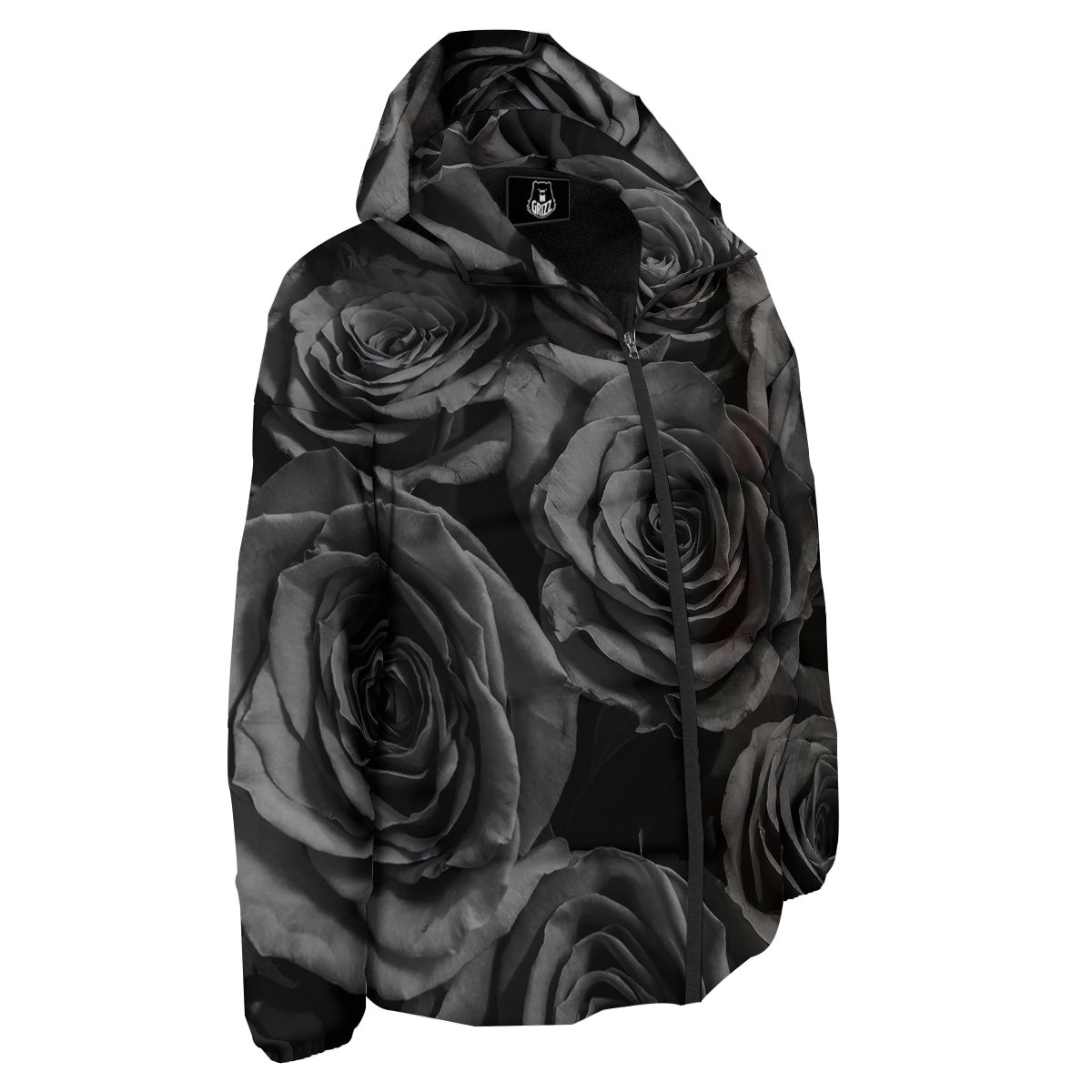 Black Rose Print Down Jacket-grizzshop