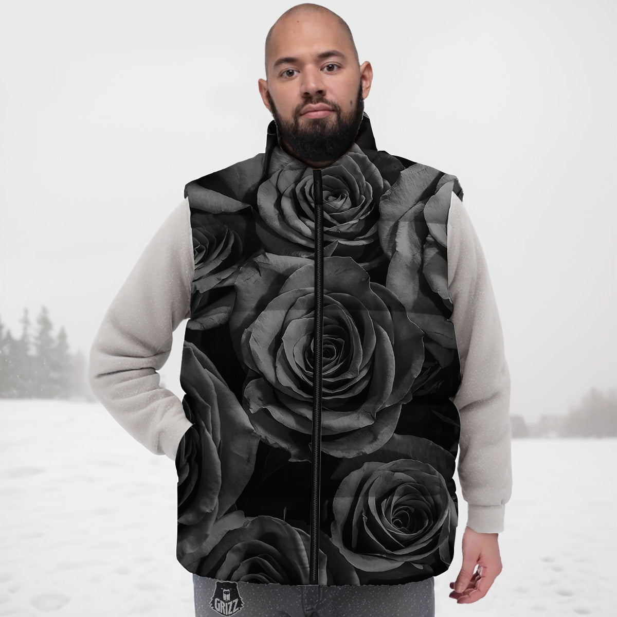 Black Rose Print Down Vest-grizzshop