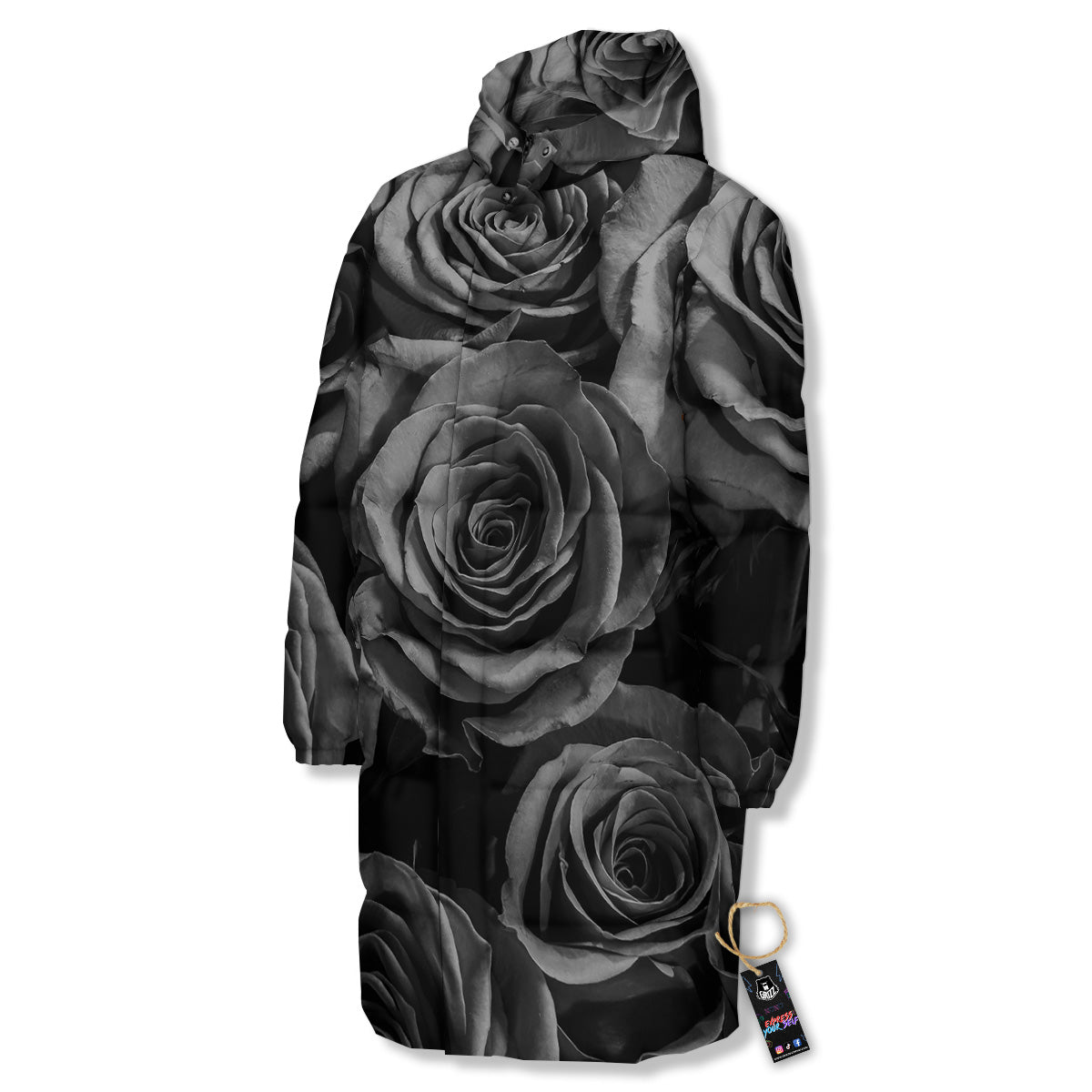 Black Rose Print Long Down Jacket-grizzshop