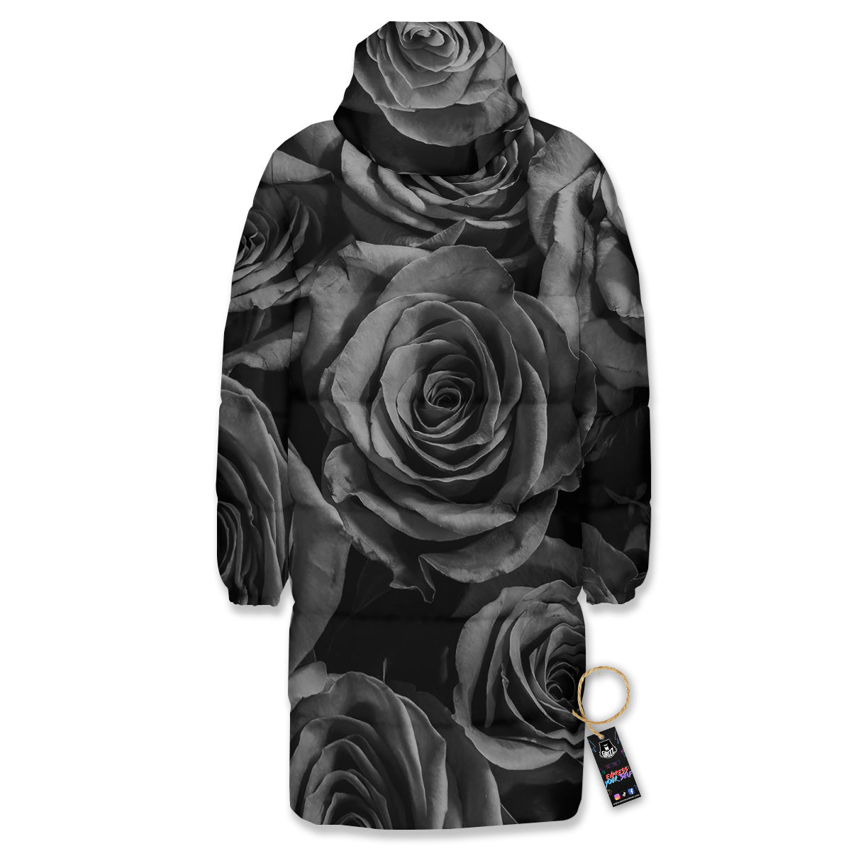 Black Rose Print Long Down Jacket-grizzshop