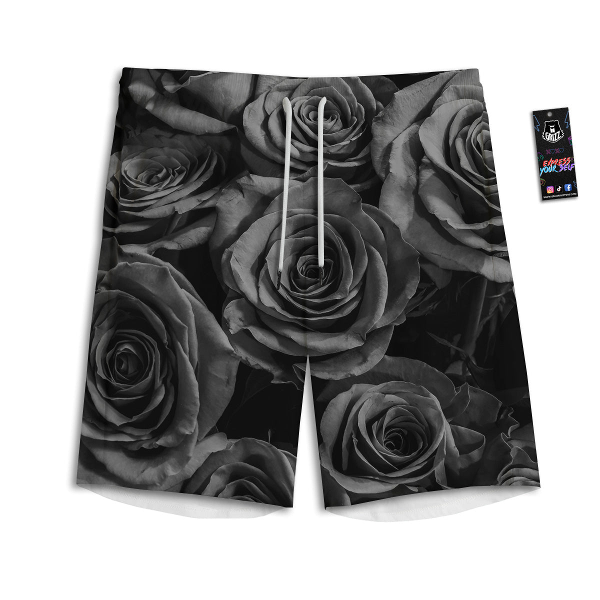 Black Rose Print Men's Athletic Shorts