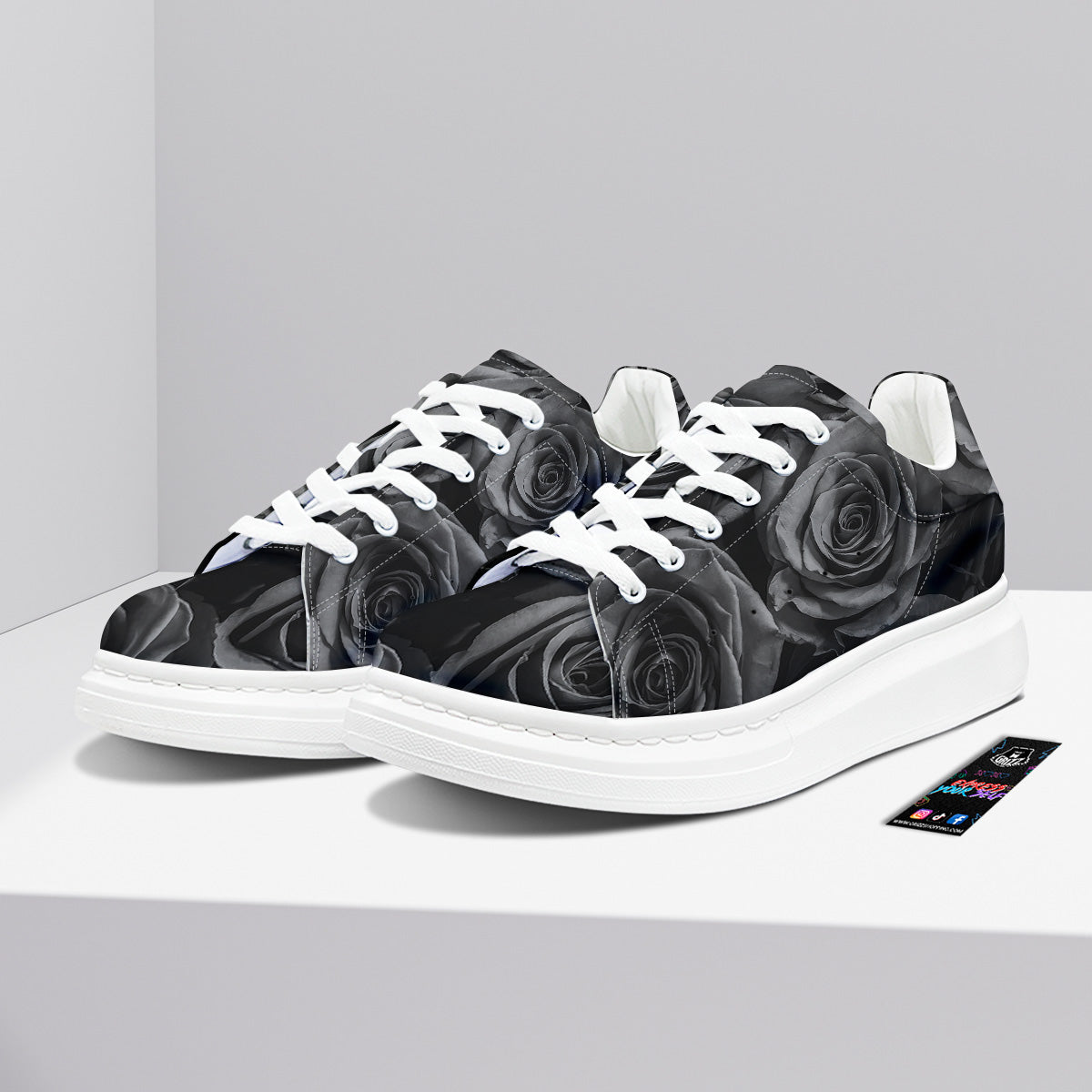 Black Rose Print Platform Shoes-grizzshop