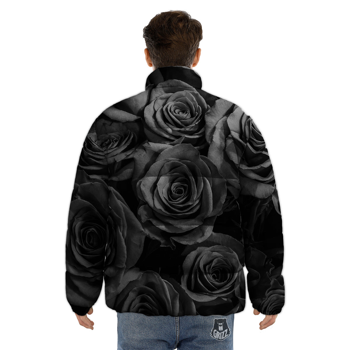Black Rose Print Puffer Jacket-grizzshop