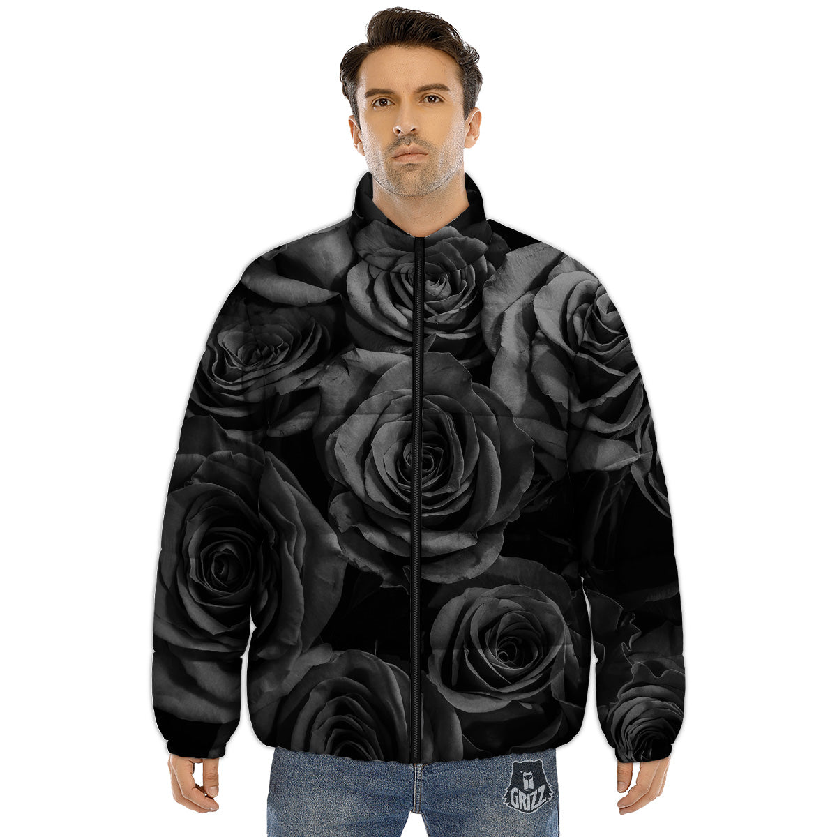 Black Rose Print Puffer Jacket-grizzshop