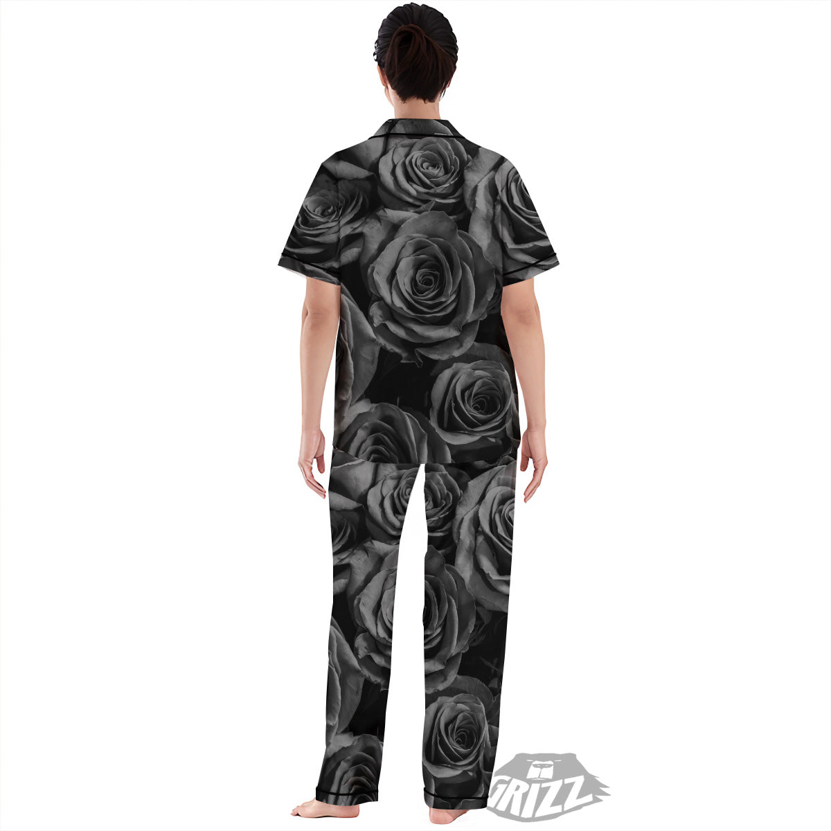 Black Rose Print Women's Pajamas Set-grizzshop