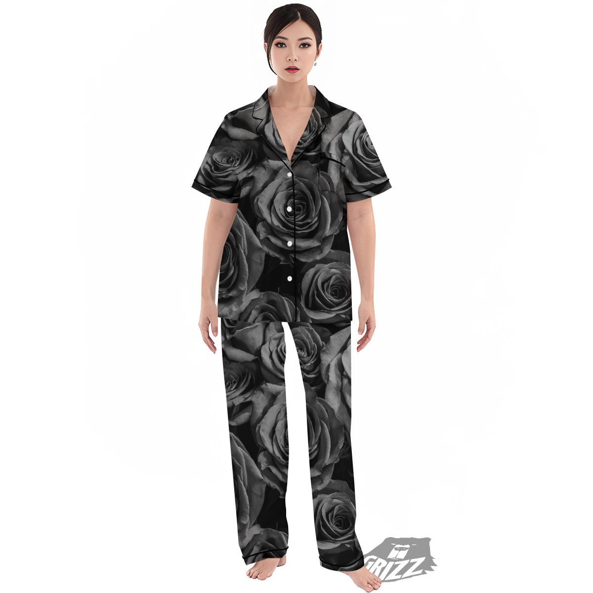 Black Rose Print Women's Pajamas Set-grizzshop
