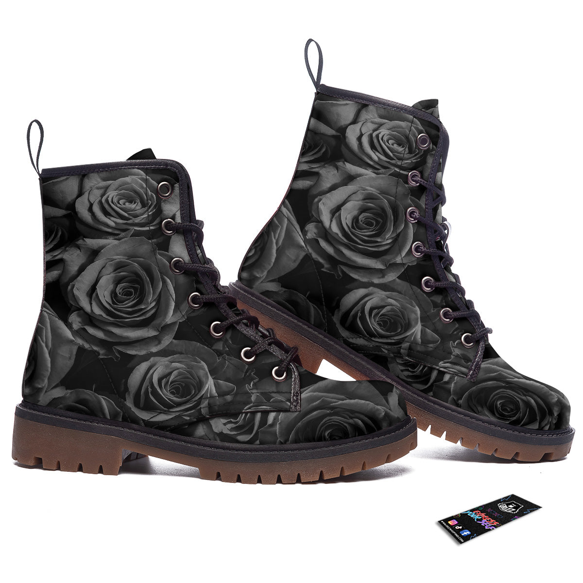 Black Rose Print Work Boots-grizzshop