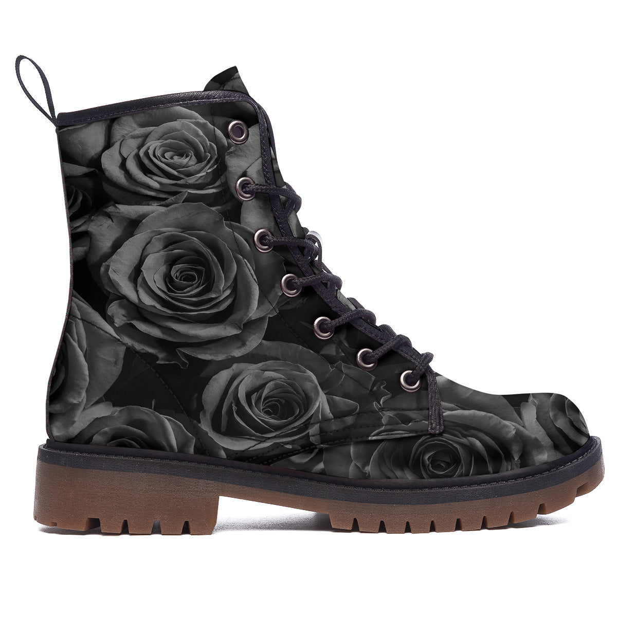 Black Rose Print Work Boots-grizzshop