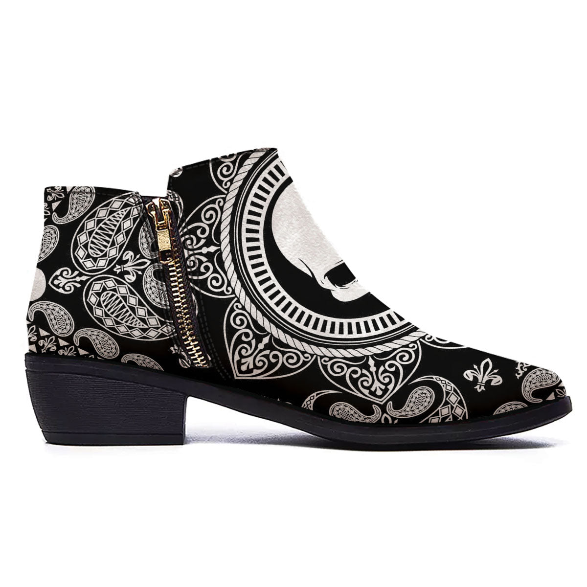 Black Skull Bandana Print Ankle Boots-grizzshop