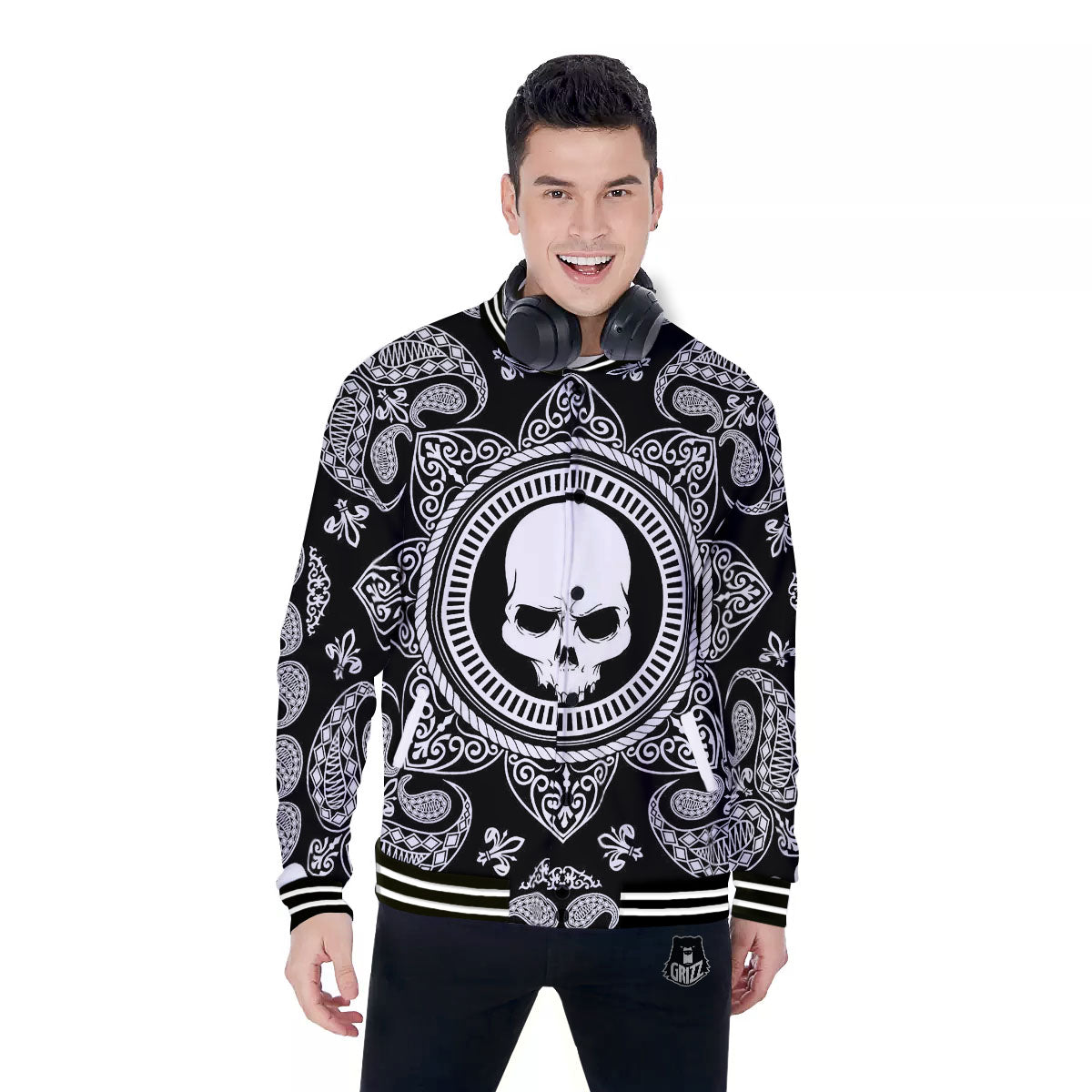 Black Skull Bandana Print Baseball Jacket-grizzshop