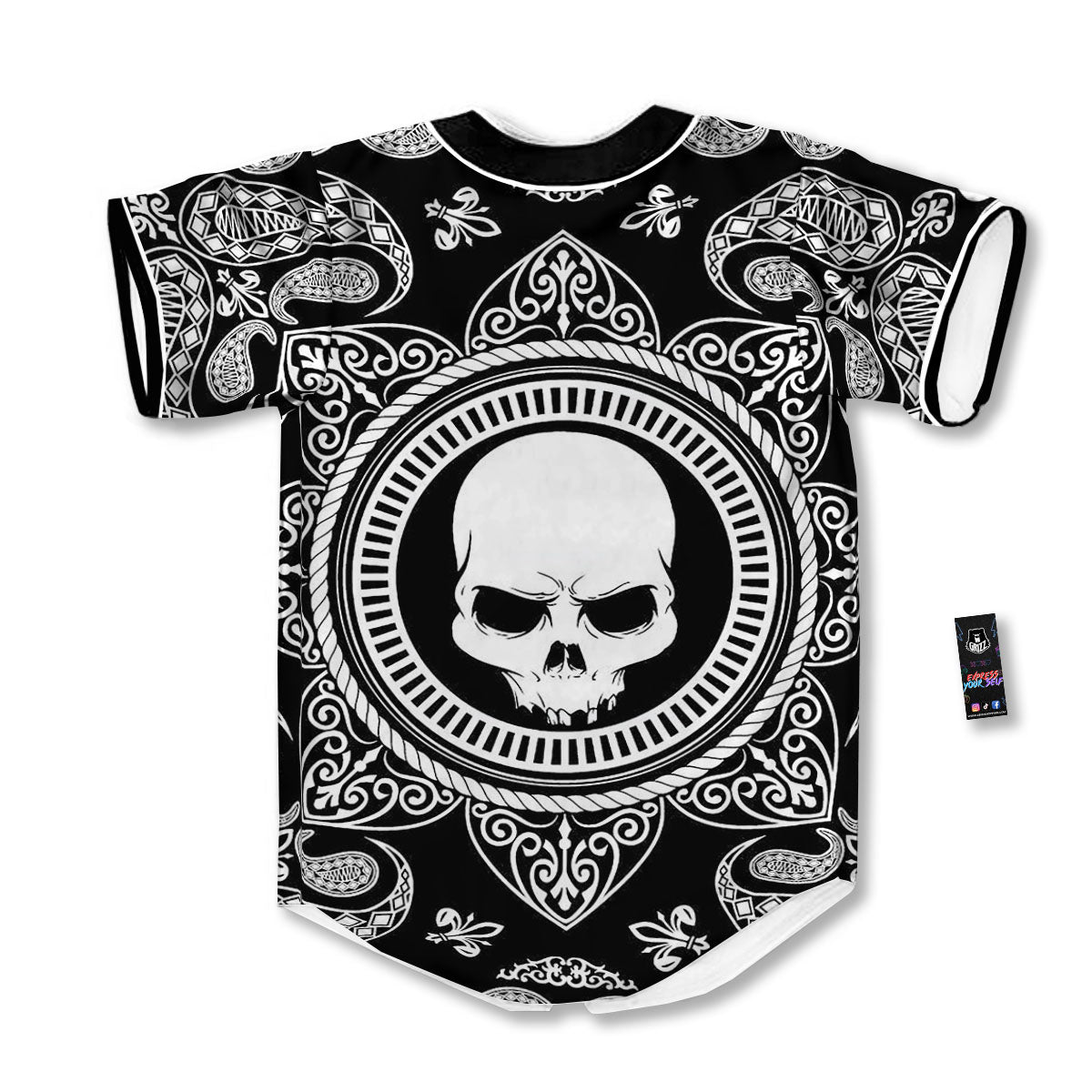 Black Skull Bandana Print Baseball Jersey-grizzshop