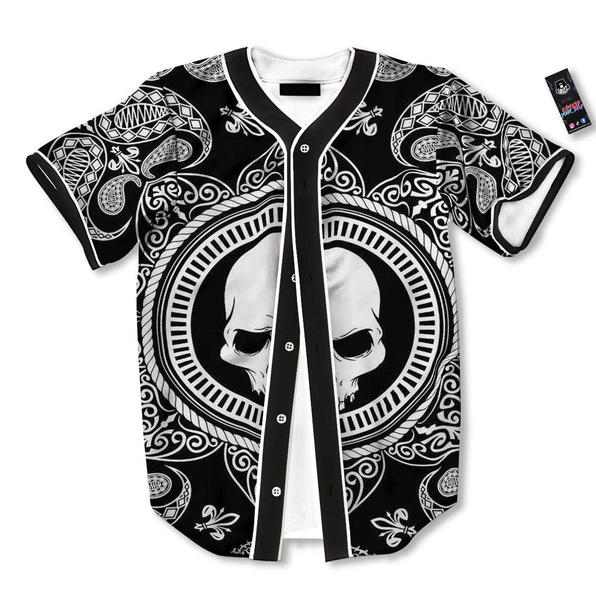 Black Skull Bandana Print Baseball Jersey-grizzshop