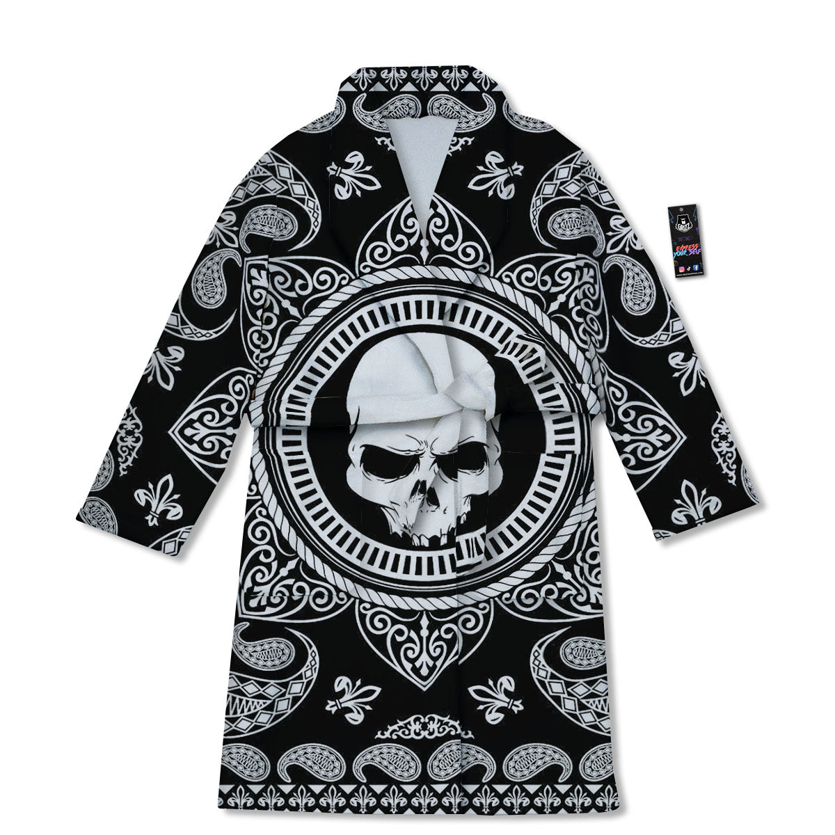 Black Skull Bandana Print Bathrobe-grizzshop
