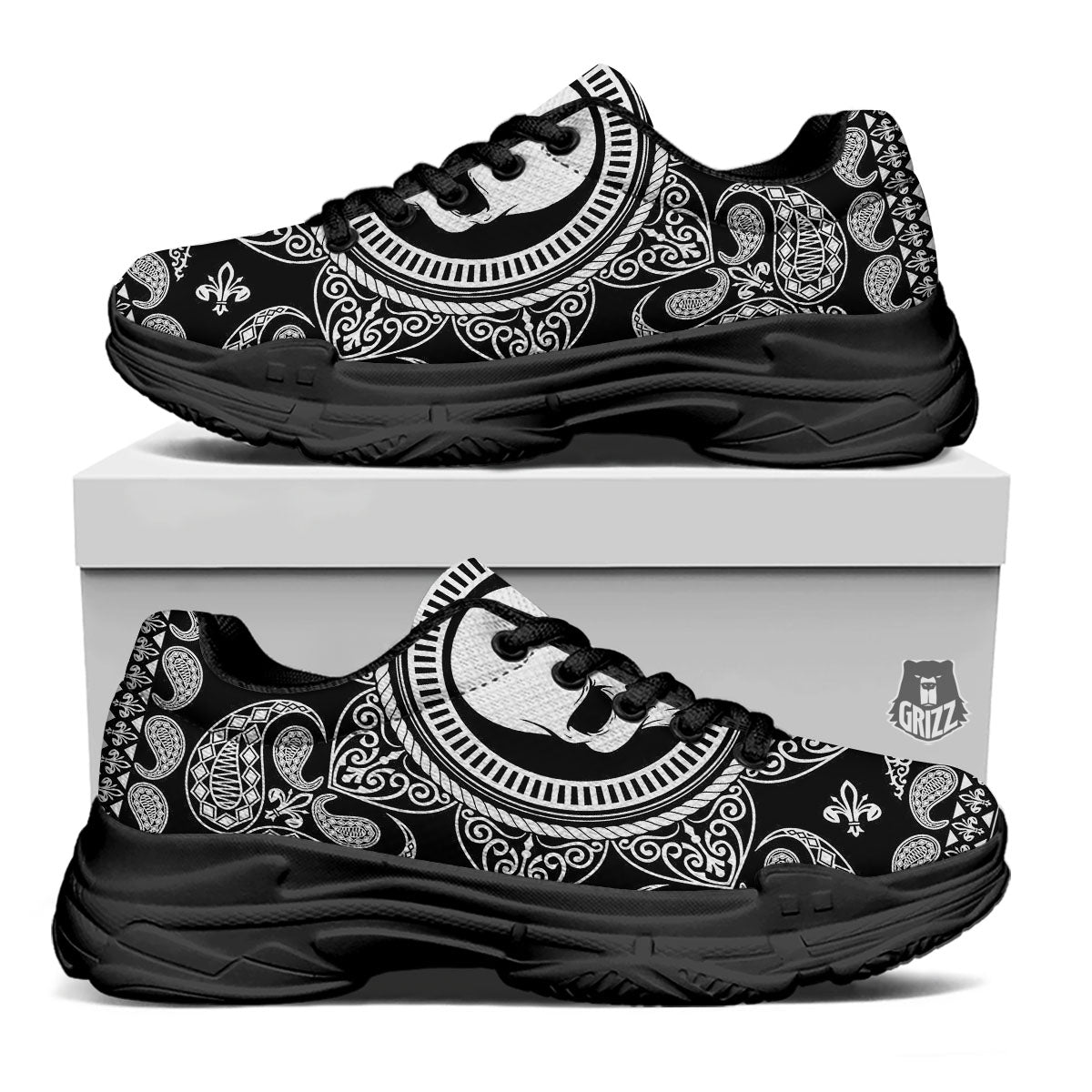 Black Skull Bandana Print Black Chunky Shoes-grizzshop