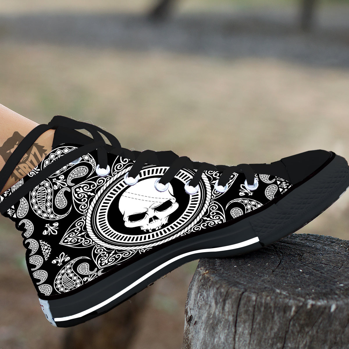 Black Skull Bandana Print Black High Top Shoes-grizzshop