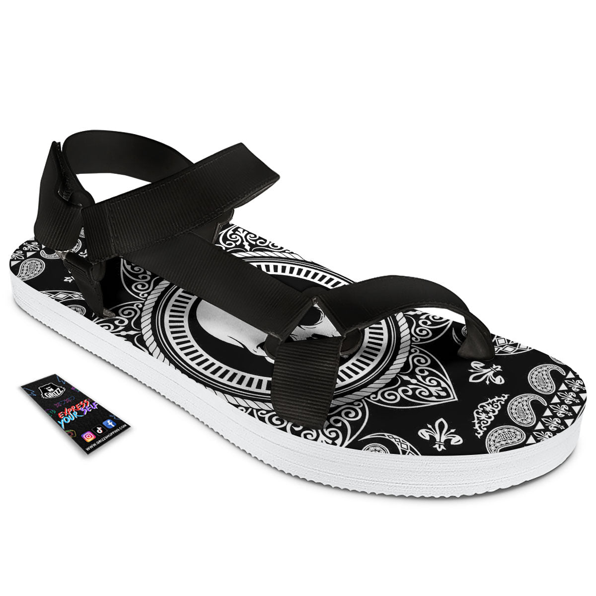 Black Skull Bandana Print Black Open Toe Sandals-grizzshop
