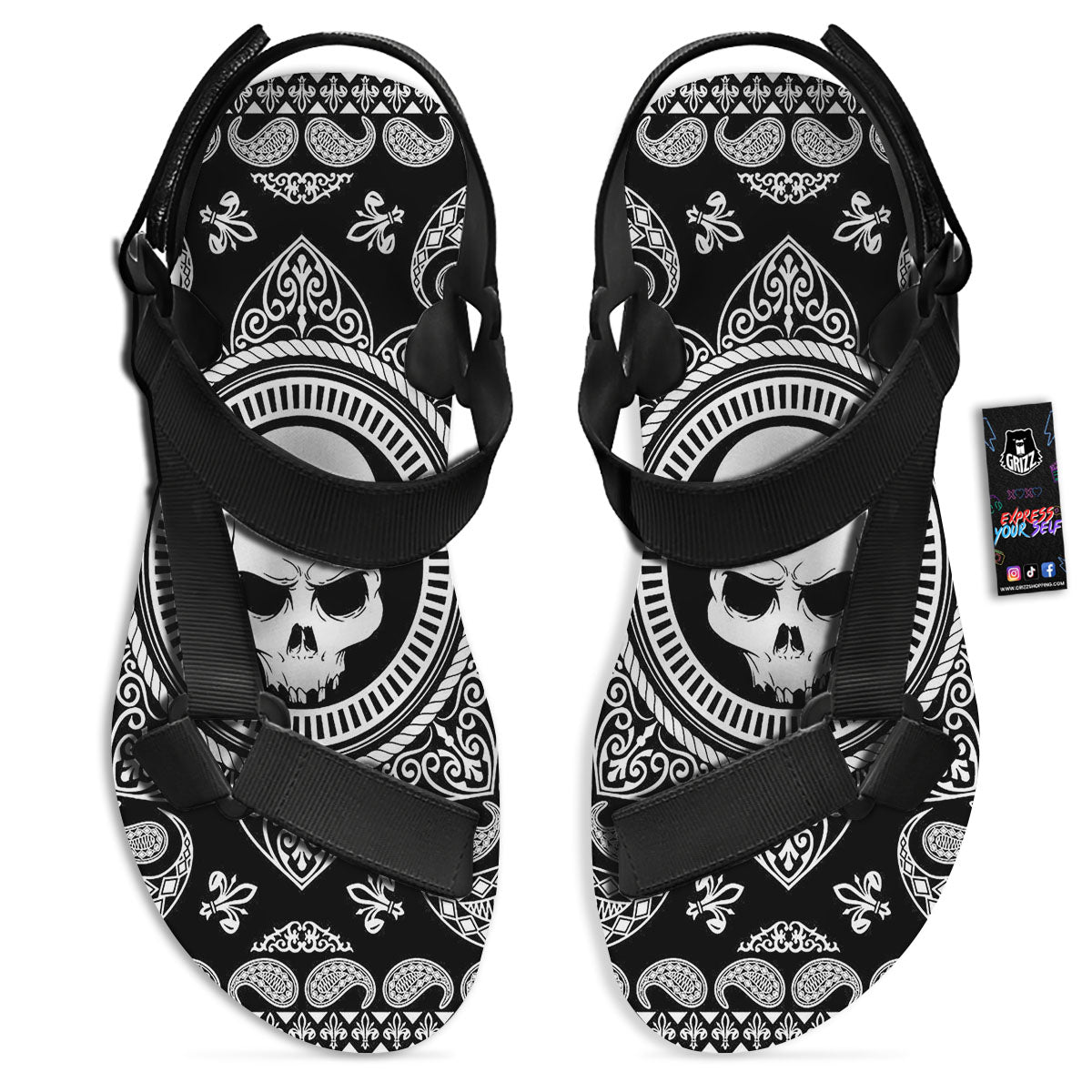 Black Skull Bandana Print Black Open Toe Sandals-grizzshop