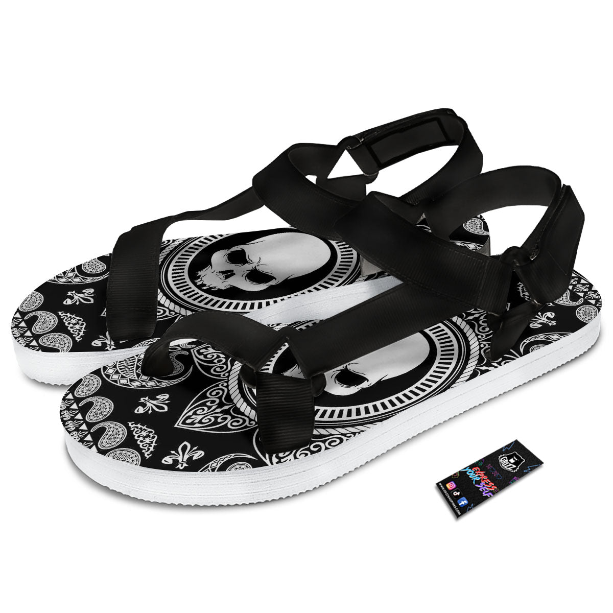Black Skull Bandana Print Black Open Toe Sandals-grizzshop