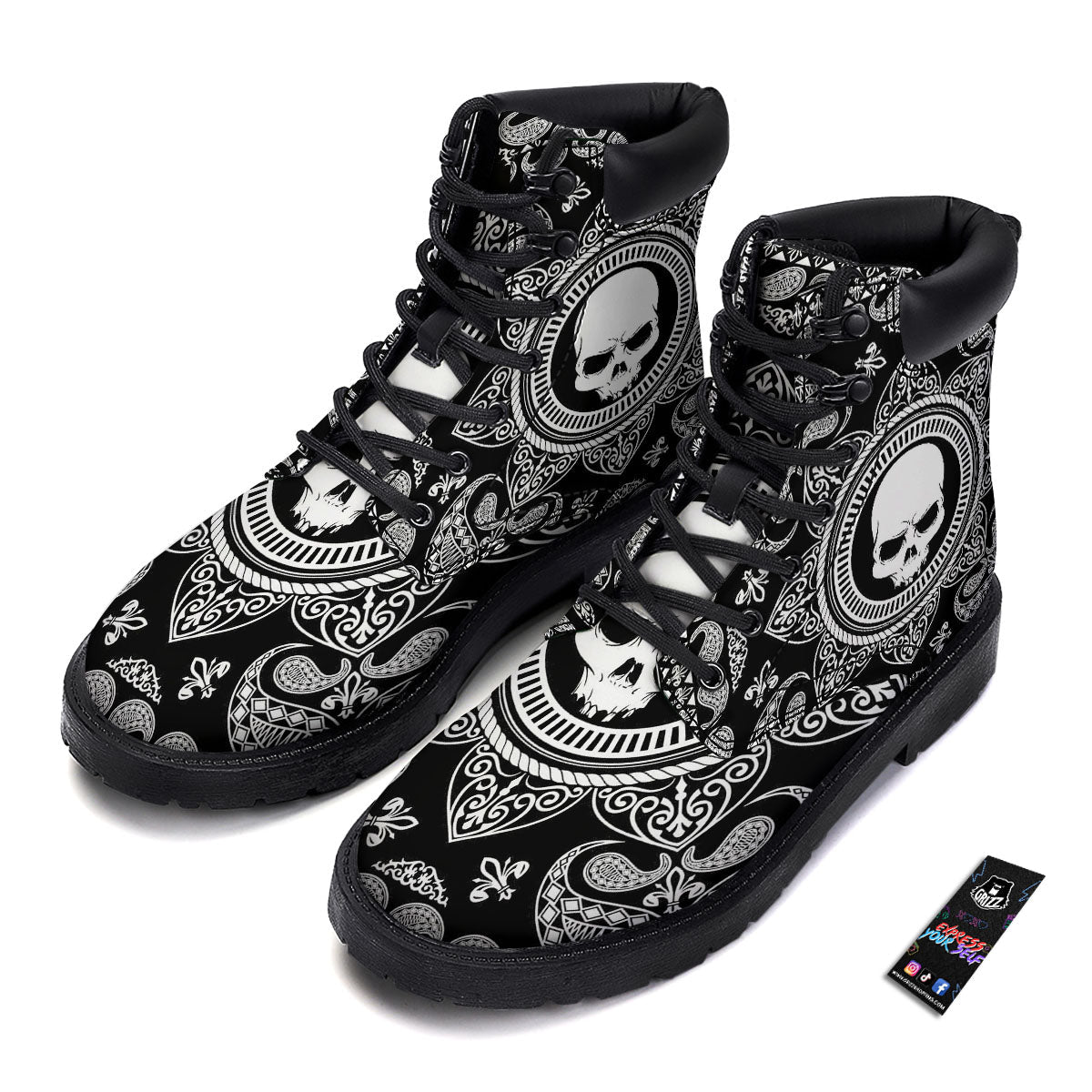 Black Skull Bandana Print Boots-grizzshop
