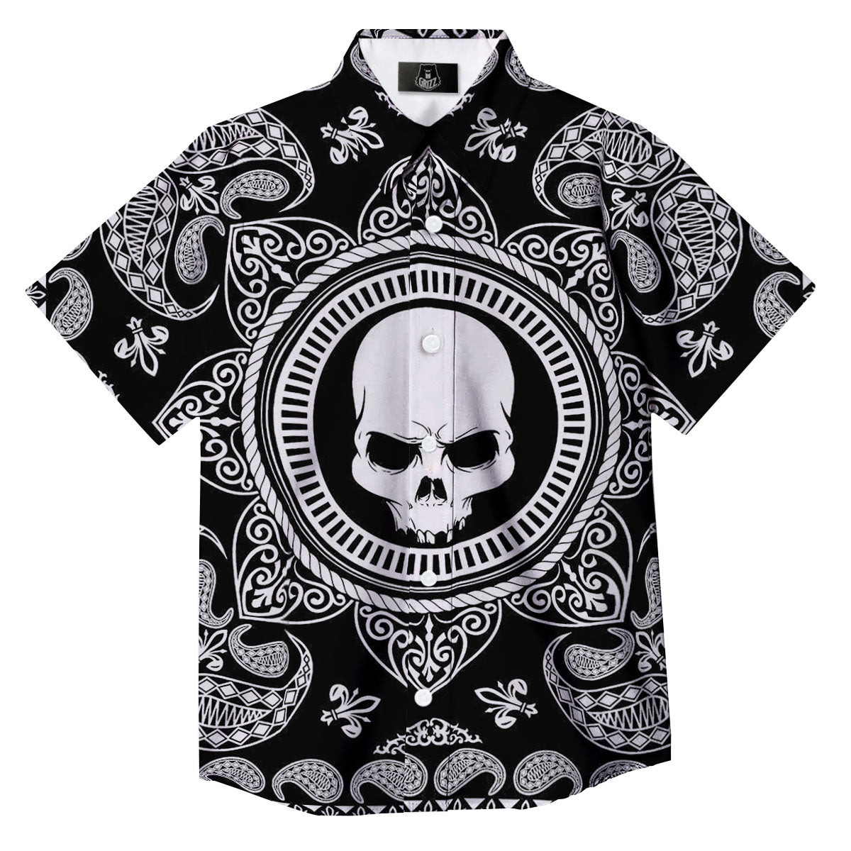 Black Skull Bandana Print Button Up Shirt-grizzshop