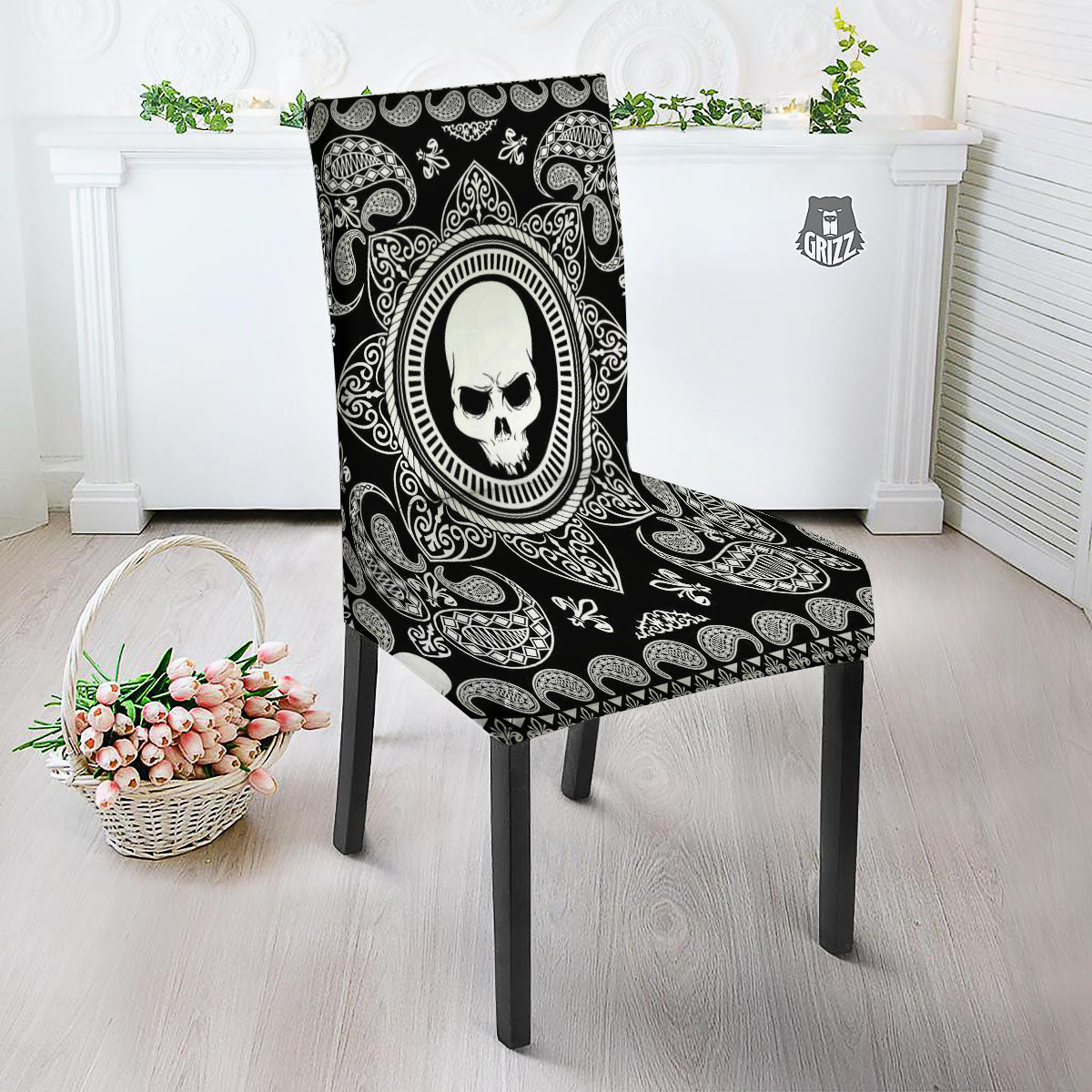 Black Skull Bandana Print Dining Chair Slipcover-grizzshop